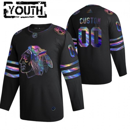 Chicago Blackhawks Custom 2021-22 Iriserend holografisch Zwart Authentic Shirt - Kinderen